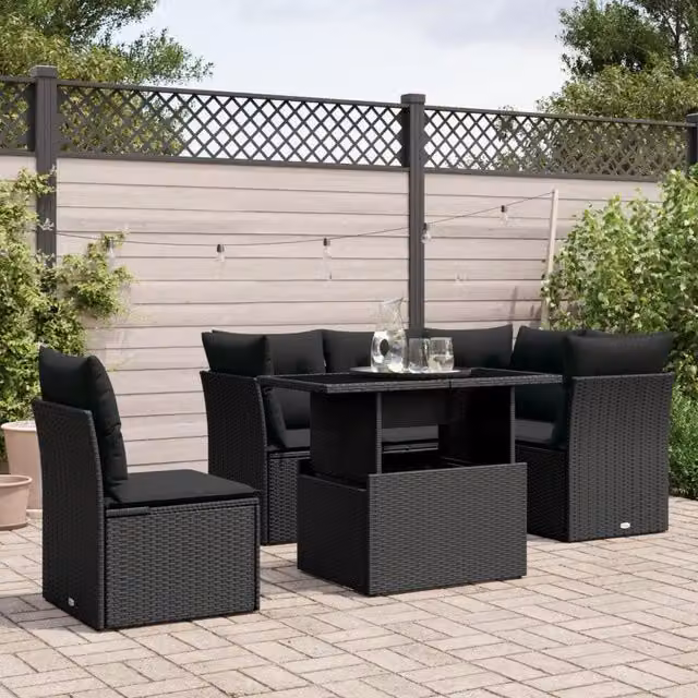 Set Divano da Giardino 6 pz con Cuscini Nero in Polyrattan 3266585