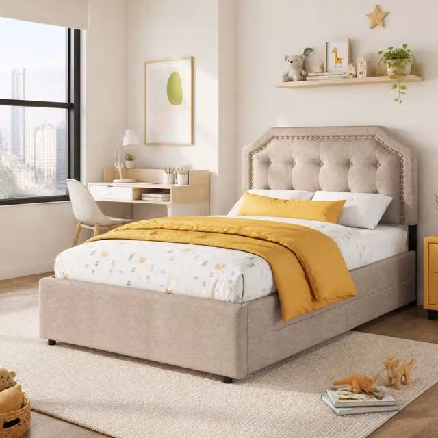 Letto singolo imbottito beige scuro 90x200 cm con testiera regolabile e 2 cassetti