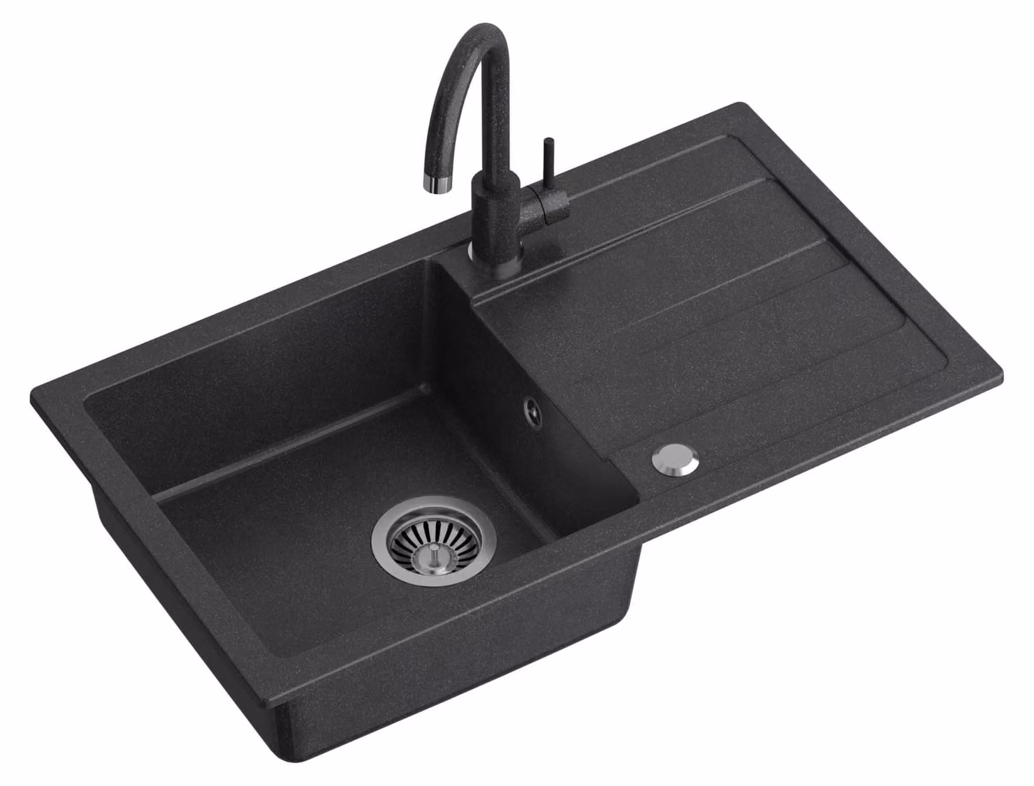Lavello da cucina in granito - Vasca singola da incasso - 77 x 44 x 17,6 cm - Nero - Con rubinetto