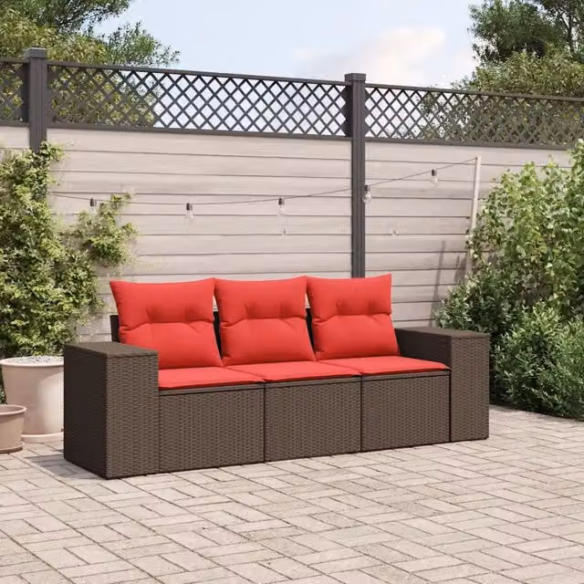 Set Divani da Giardino 3 pz con Cuscini Marrone in Polyrattan 3222263