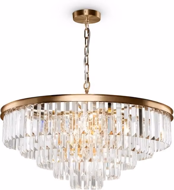 Lampadario a sospensione Maytoni Revero in metallo e cristallo color ottone con 12 luci, Diametro: 70 cm