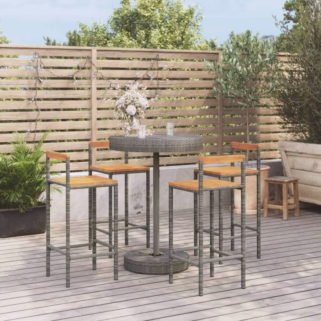 The Living Store Set bar da giardino 5 pz. Set bar da giardino in poly rattan grigio e legno massiccio di acacia