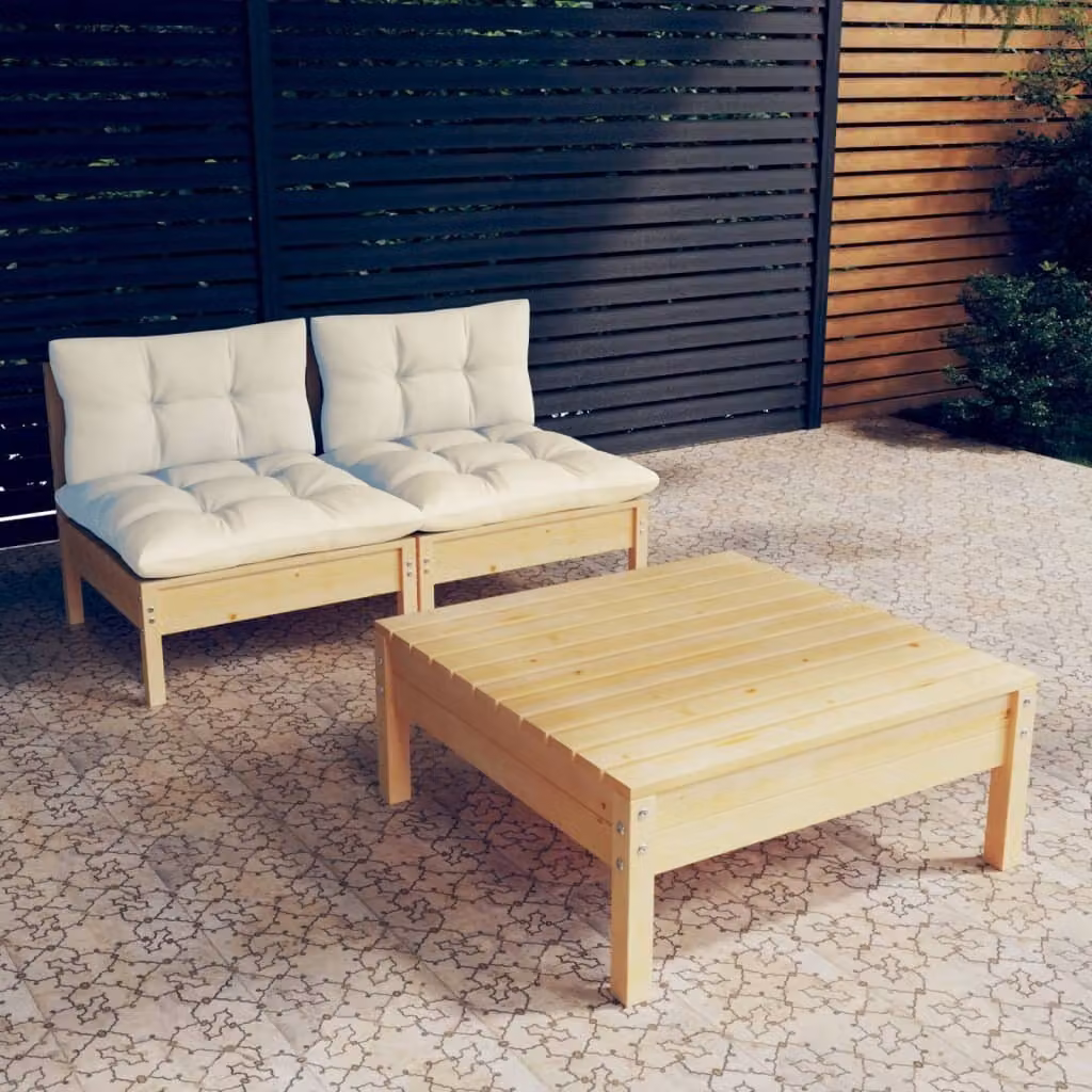 The Living Store Set da giardino 3 pezzi con cuscini crema legno di pino