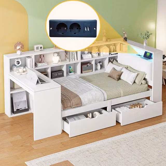 Letto angolare-Xylo-90x200 cm-scrivania, libreria, LED, cassetti, bianco