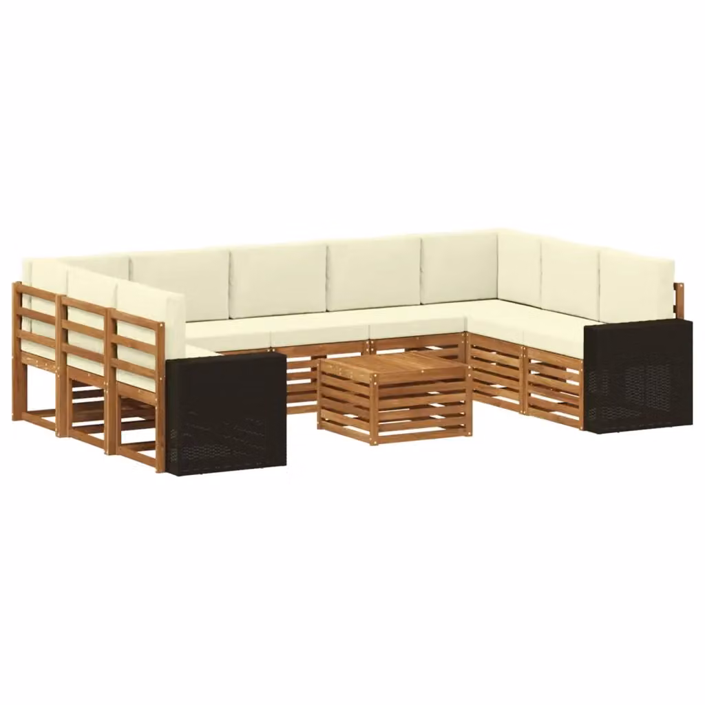 Set di divani da esterno vidaXL a forma di L con tavolo da caffè, in legno di acacia e tessuto beige e bianco resistente ai raggi UV – 2