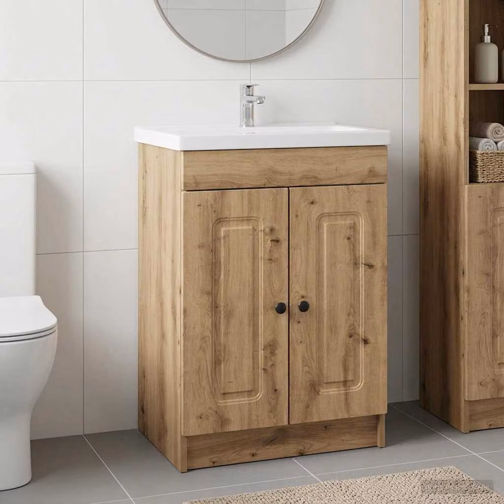 Mobiletto da bagno sotto il lavello vidaXL in legno Rovere, Marrone, L: 81,0 cm, P: 37,5 cm, H: 56,0 cm