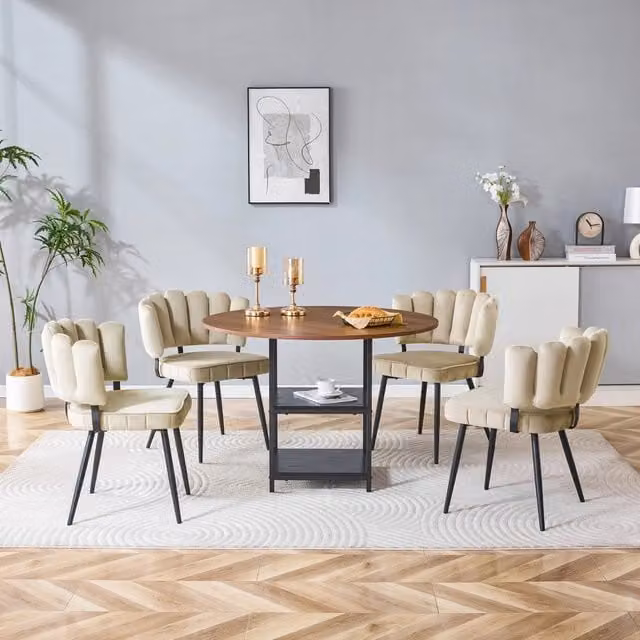 Set tavolo e sedie da pranzo rotondo con 4 sedie e 2 ripiani in MDF metallo e tessuto noce nero e marrone chiaro
