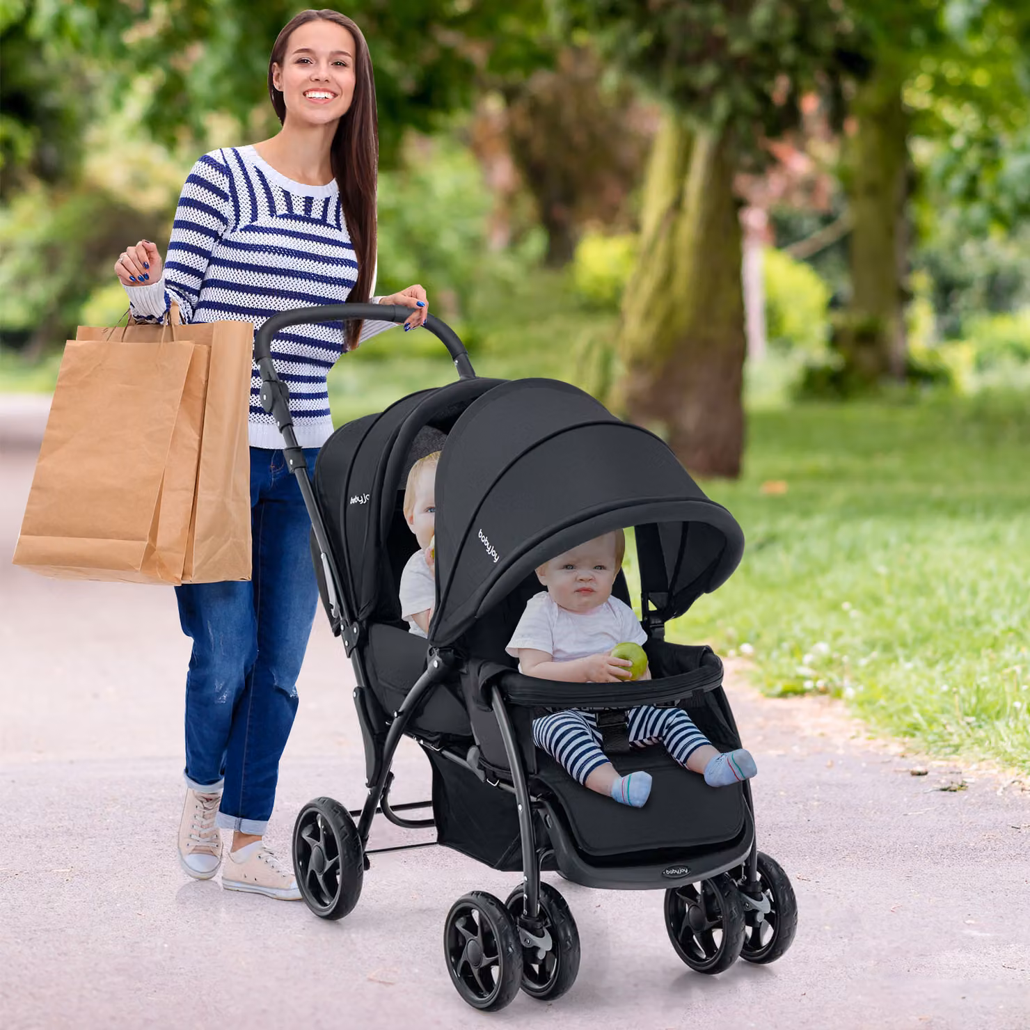 Passeggino doppio pieghevole Costway con seduta in tandem e tettuccio, Nero