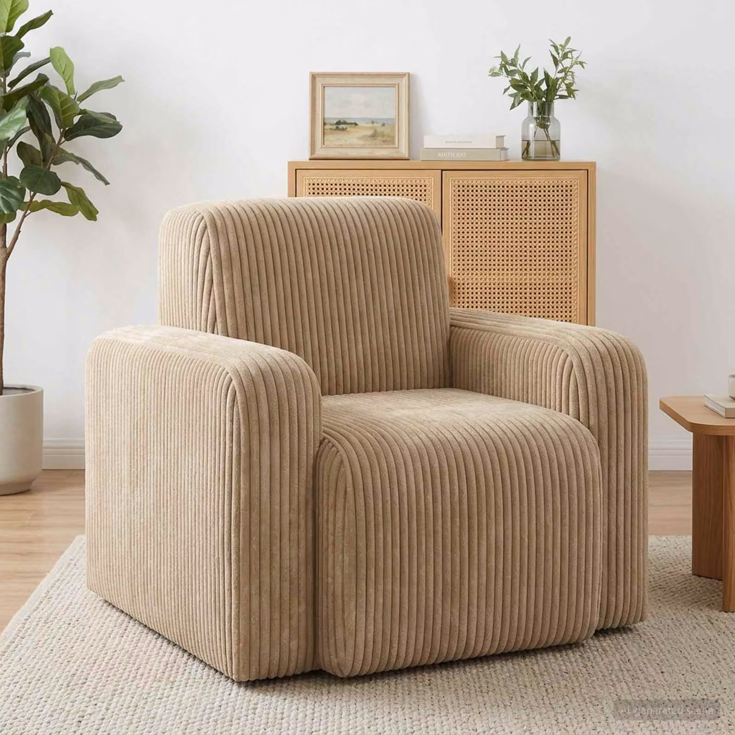 Poltrona moderna vidaXL in velluto a coste color beige e grigio con braccioli e seduta in schiuma per soggiorno o camera da letto