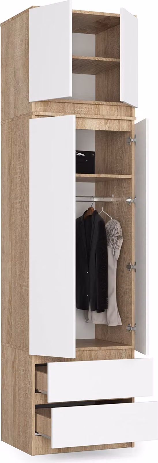 Armadio BDW con mobile superiore, armadio a 4 ante, rovere Sonoma / bianco