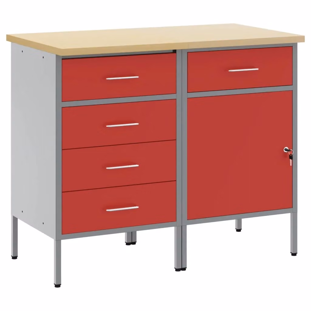 Set di 2 mobili da lavoro vidaXL in acciaio e legno, Rosso e Grigio, L: 100 cm, P: 55 cm, H: 85 cm – 2