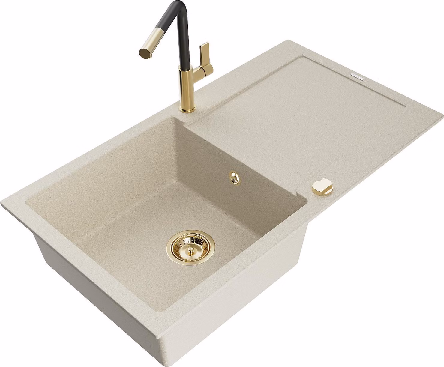 Mexen Leo lavello in granito a vasca singola con sgocciolatoio e rubinetto da cucina Flora, beige - 6501-69-670401-57-G