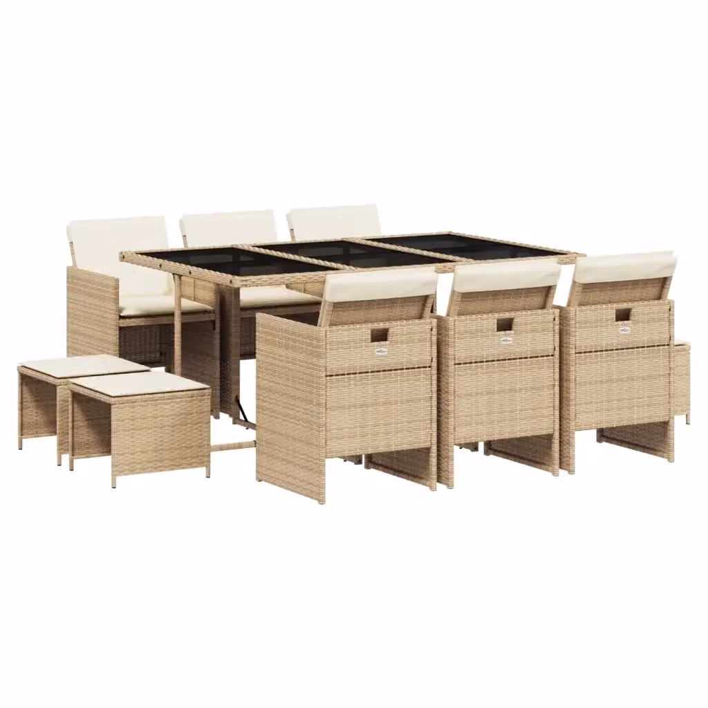 Set da Pranzo da Giardino vidaXL in Polyrattan con Cuscini Beige e Piano in Vetro, 11 Pezzi – 2