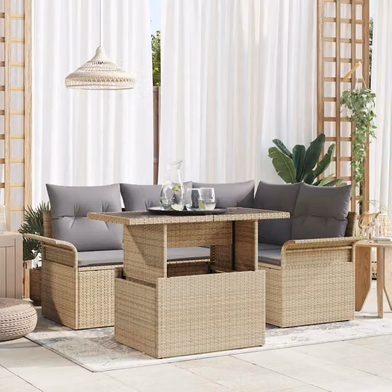 Set Divano da Giardino vidaXL 5 Pezzi in Polyrattan Beige con Cuscini e Tavolino da Esterno
