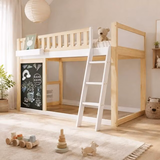 Letto a soppalco per bambini 90x200 cm in pino e MDF bianco con contenitore -