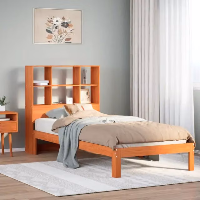Letto Libreria senza Materasso-Struttura Letto con contenitore Marrone Cera 100x200 cm in Pino 430473