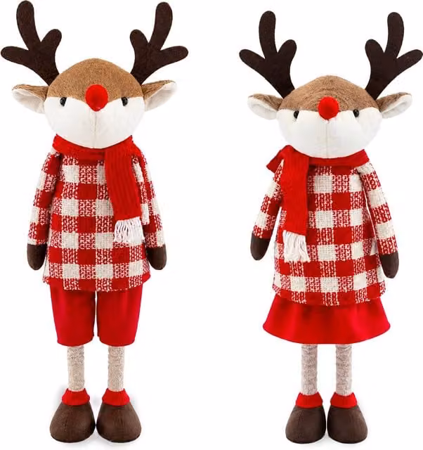 Renna Natalizia Estendibile Saint Joy con Gambe Telescopiche in Metallo, Colori Bianco, Rosso e Marrone, Stile Scandinavo