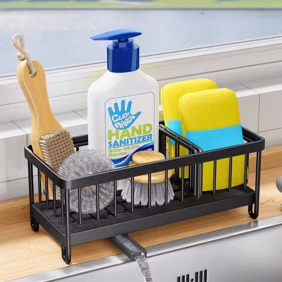 Sistema di organizzazione per cucina e bagno con vasche rimovibili in acciaio inossidabile, nero, con funzione di contenimento