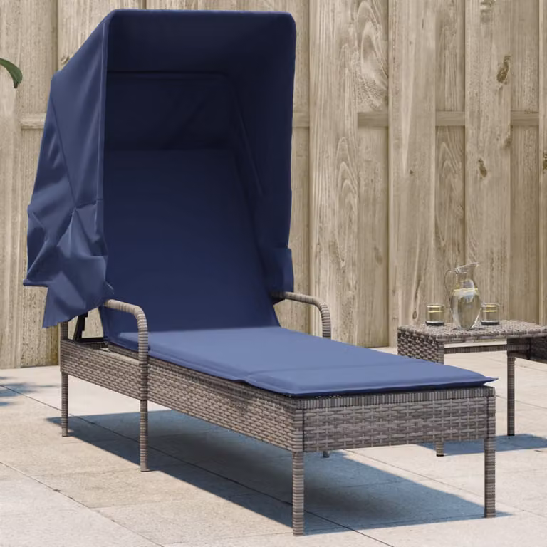 vidaXL Lettino prendisole con baldacchino in polyrattan grigio e blu con poggiatesta regolabile e tessuto resistente ai raggi UV