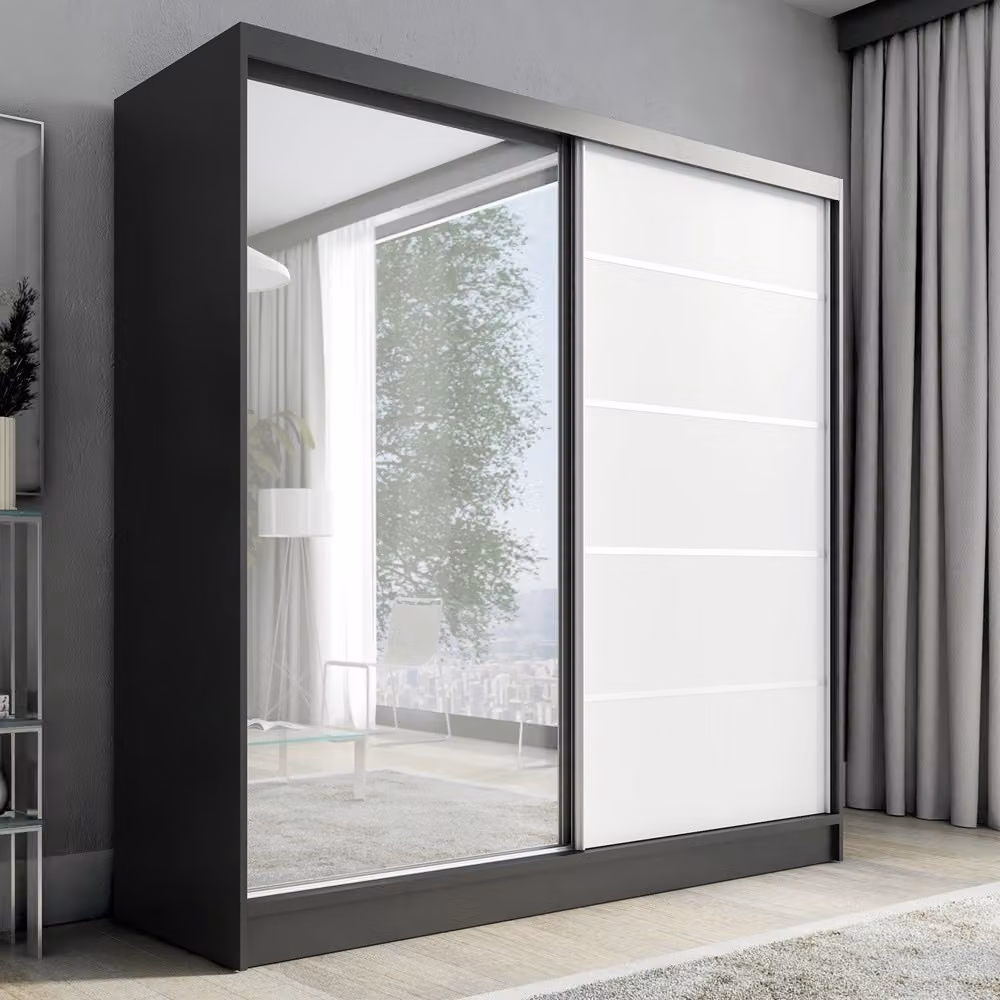 Armadio a battenti sospesi, a 2 ante con specchio NERO 200 cm (nero, bianco)