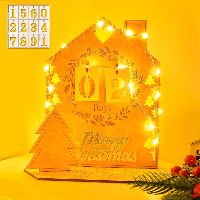 Calendario dell'Avvento in legno con catena di luci a LED, per 24 giorni