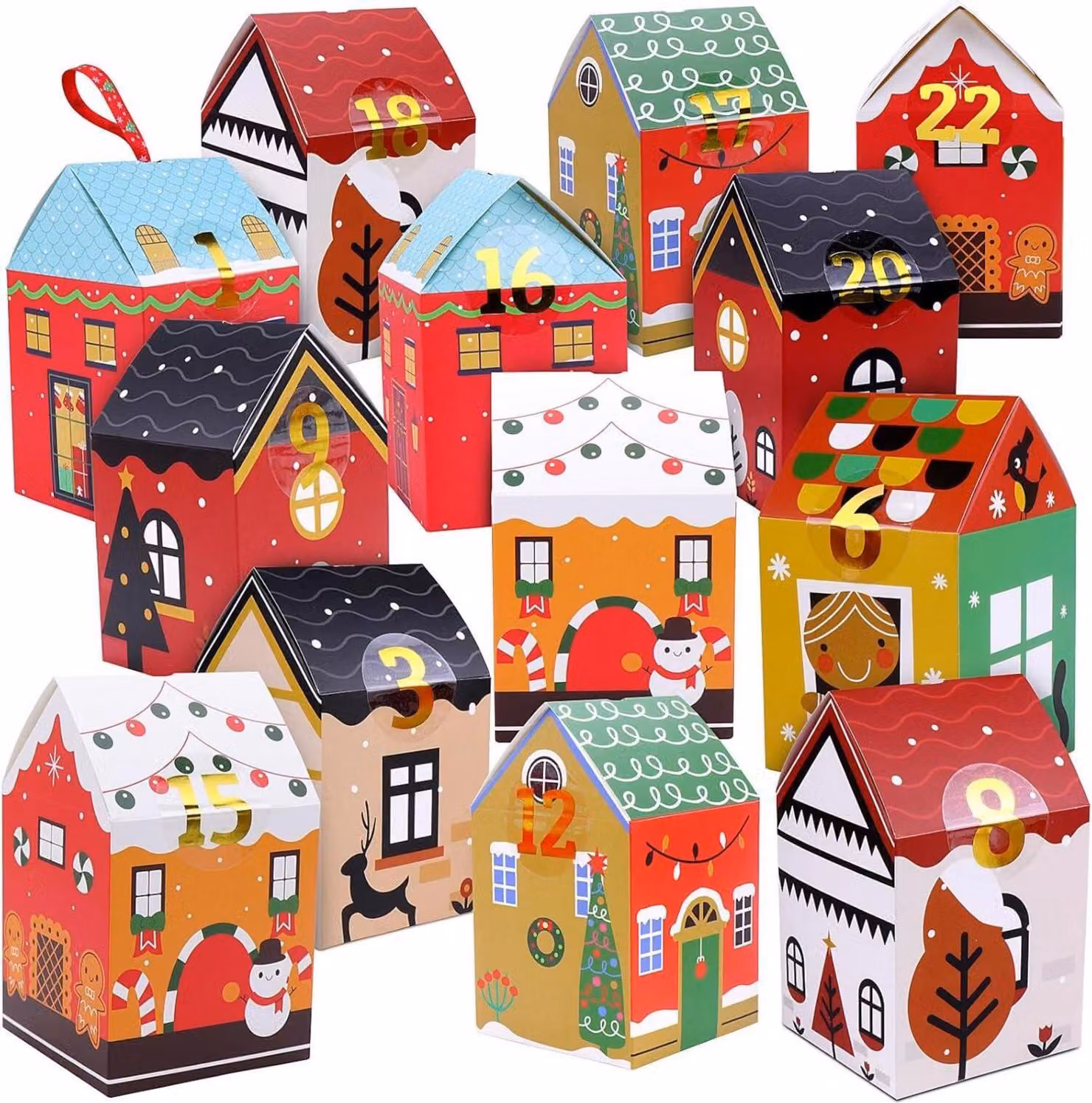 Calendario dell'Avvento da riempire per bambini, decorazione natalizia fai-da-te 24 scatole sacchetti con adesivi e nastri