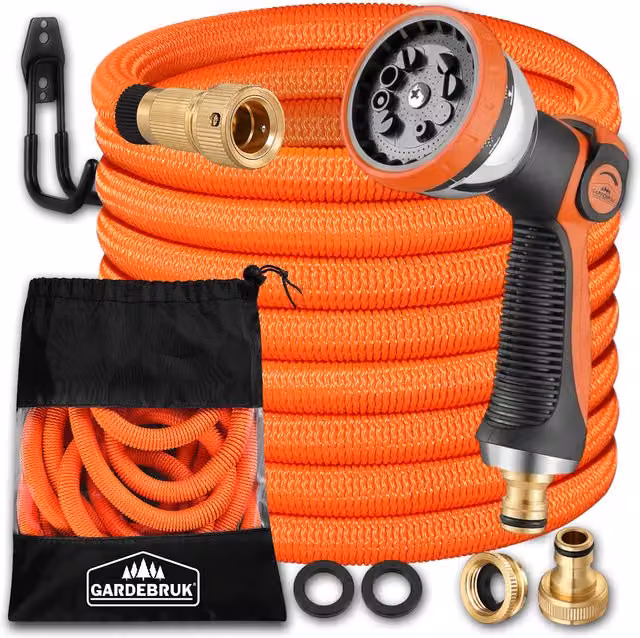 Tubo per irrigazione flessibile Gardebruk arancione con supporto a parete, lunghezza 15 m, attacco 1/2" – 1
