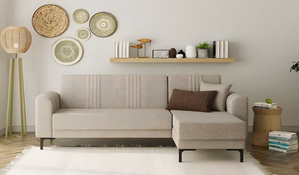 Stoffsofa Sofa Polstersofa Ecksofa L-Form Couch Beige Bettfunktion