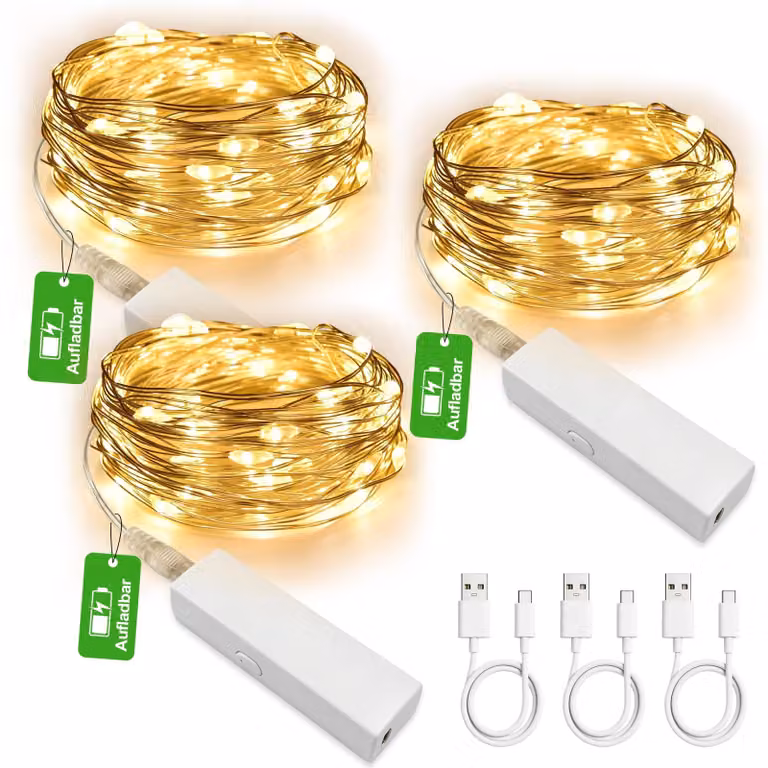 Catena luminosa, 3 metri, 30 LED, luce bianco caldo, connettore USB-C, timer, set da 3