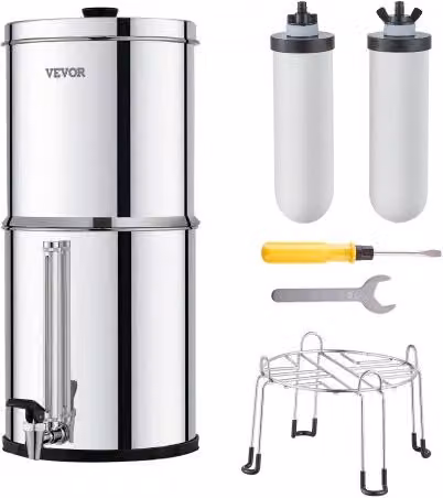Sistema di filtraggio acqua a gravità da banco Vevor in acciaio inox color argento con 2 filtri al carbone ceramico e rubinetto, capacità 7,8+8,5 L