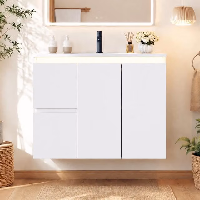 Lavabo sospeso a muro 76x47x57 cm, bianco, laccato completo con lavabo integrato, luce LED a sensore radar e cerniere soft-close