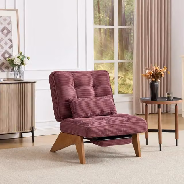 Poltrona relax reclinabile WISHDOR in velluto a coste color rosso con cuscino lombare e gambe in legno