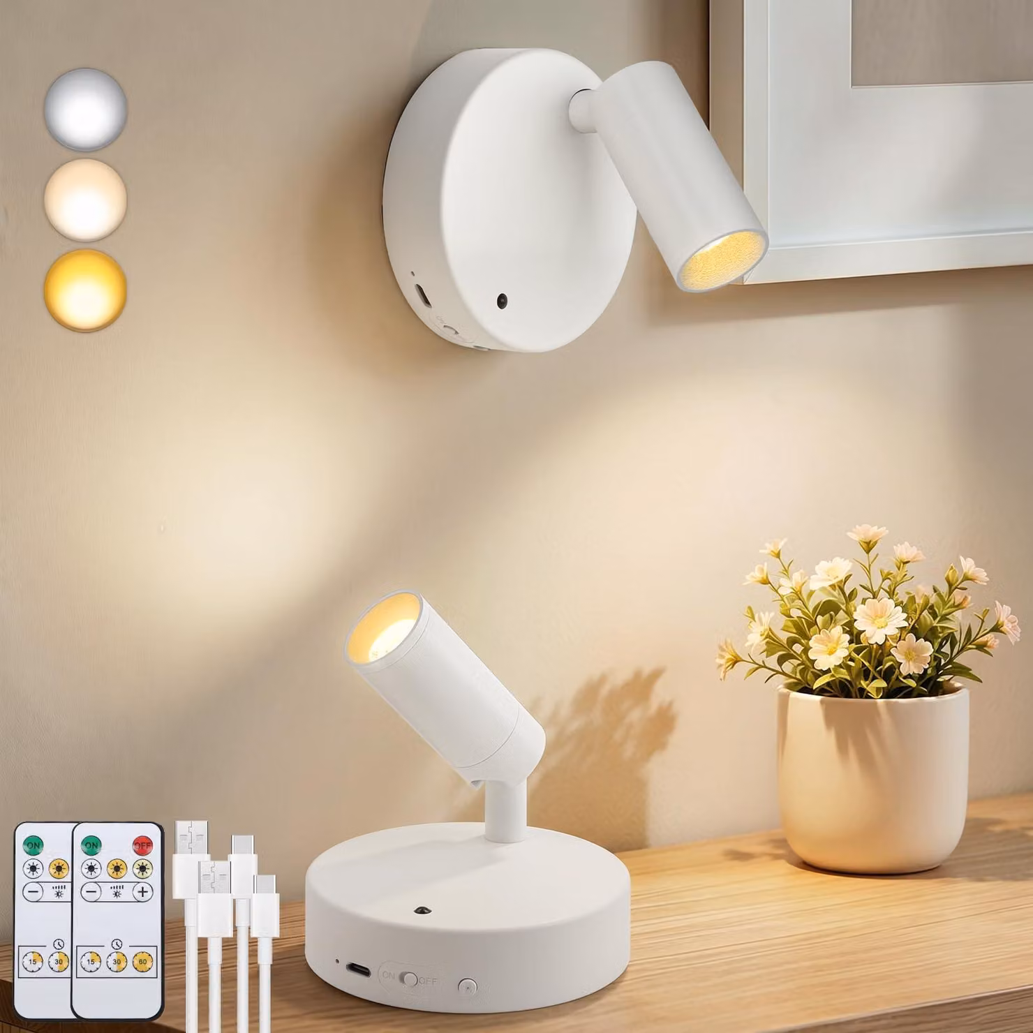 Lampade a LED wireless, ricaricabili, bianche, confezione da 2 pezzi