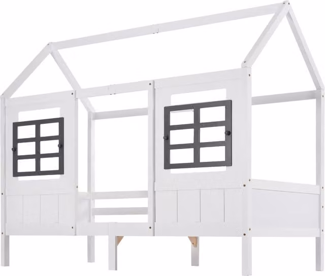 Lettino a casetta bianco con 2 cassetti, struttura in pino e MDF, 200x90 cm