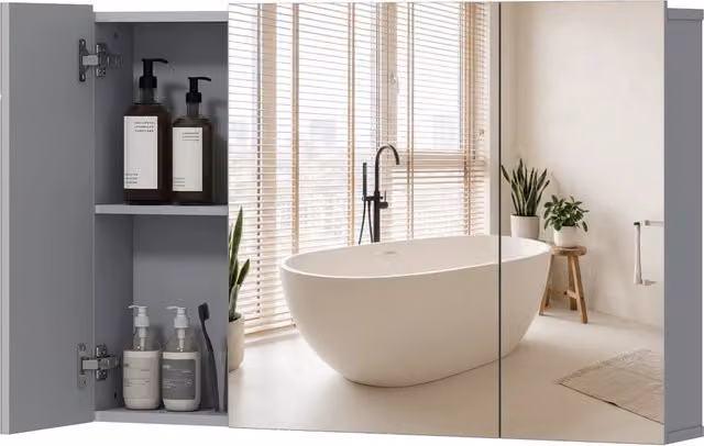 Specchio Armadietto da Bagno Minimal Grigio con Illuminazione LED e Ante Soft Close L: 60 cm, P: 30 cm, H: 15 cm – 1