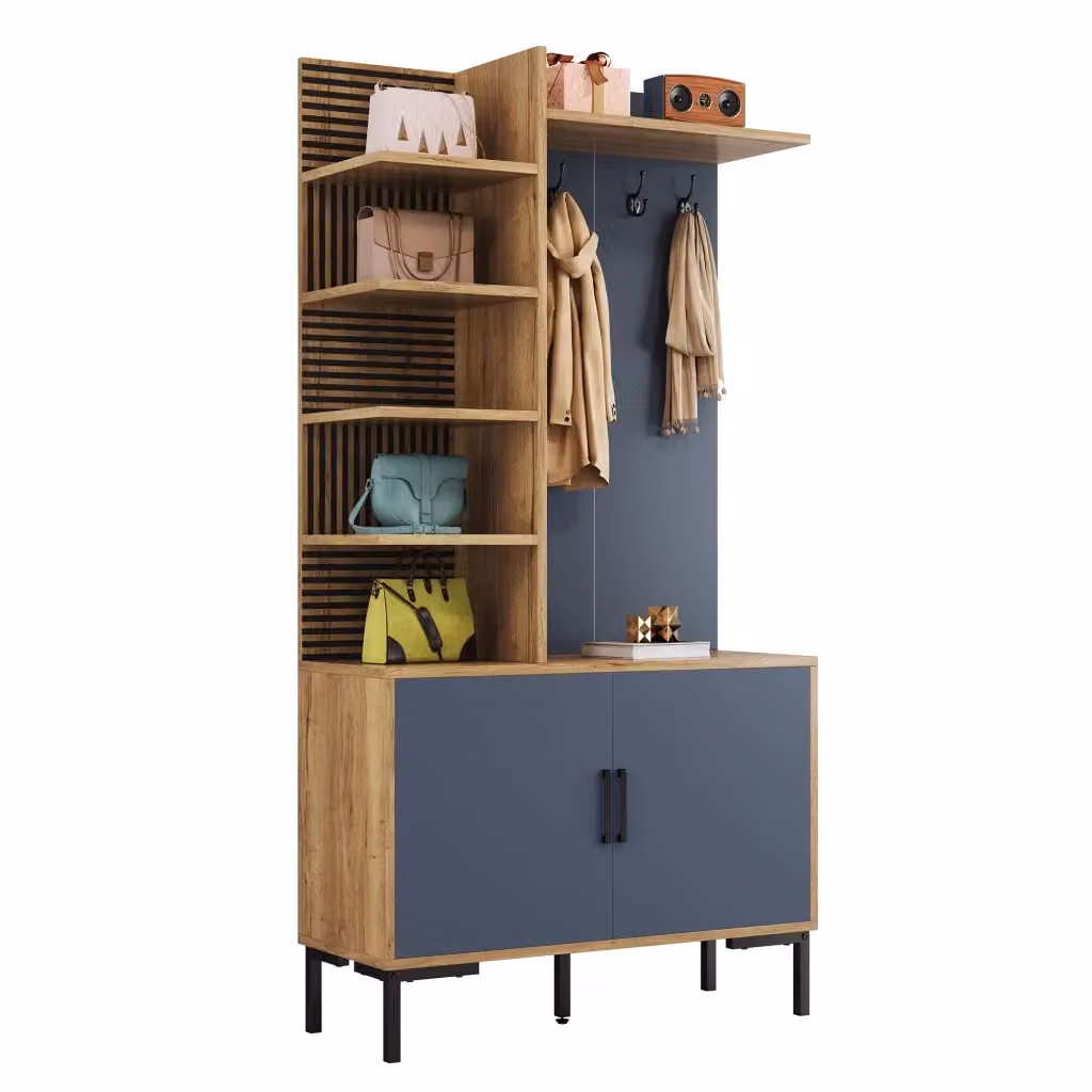 Mobile da ingresso con panca e ganci in stile industrial, realizzato in legno e metallo, colore beige e nero, L: 100 cm, P: 40 cm, H: 190.5 cm – 2