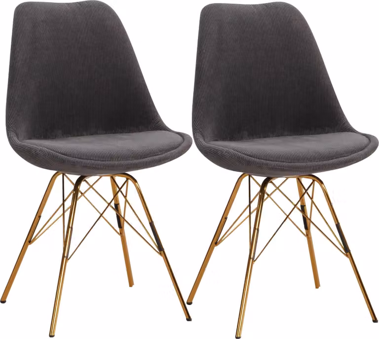 WOHNLING Set di 2 sedie da sala da pranzo Cara in tessuto antracite Sedia da cucina con gambe dorate Sedia con scocca in velluto a coste Sedia imbottita scandinava con rivestimento in tessuto