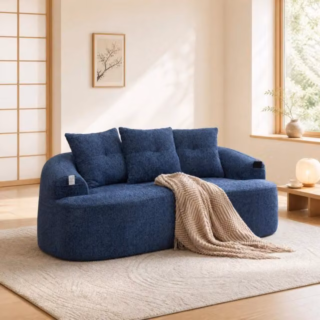 Divano 2 Posti in Chenille 164x92x60 cm; Seduta Profonda con Molle Insacchettate; Blu; per Soggiorno e Studio