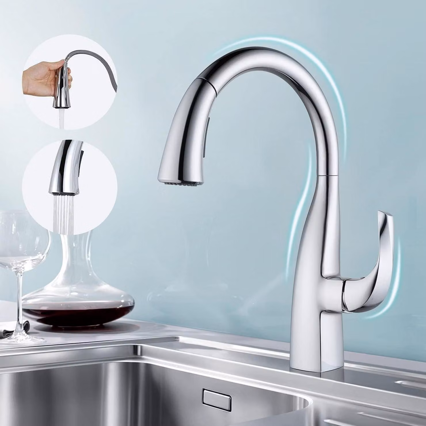 Rubinetto da cucina estraibile, girevole a 360°, con 2 getti, in acciaio inossidabile