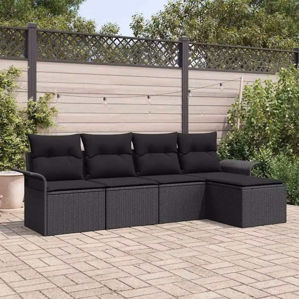 Set da giardino vidaXL composto da 5 pezzi in polyrattan nero con cuscini e pouf coordinato – 1