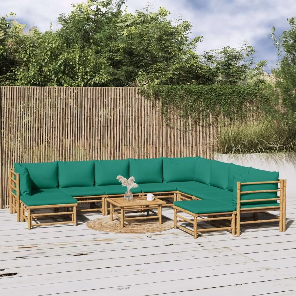 Maison Exclusive - Set da giardino da 11 pezzi con cuscini verdi in bambù