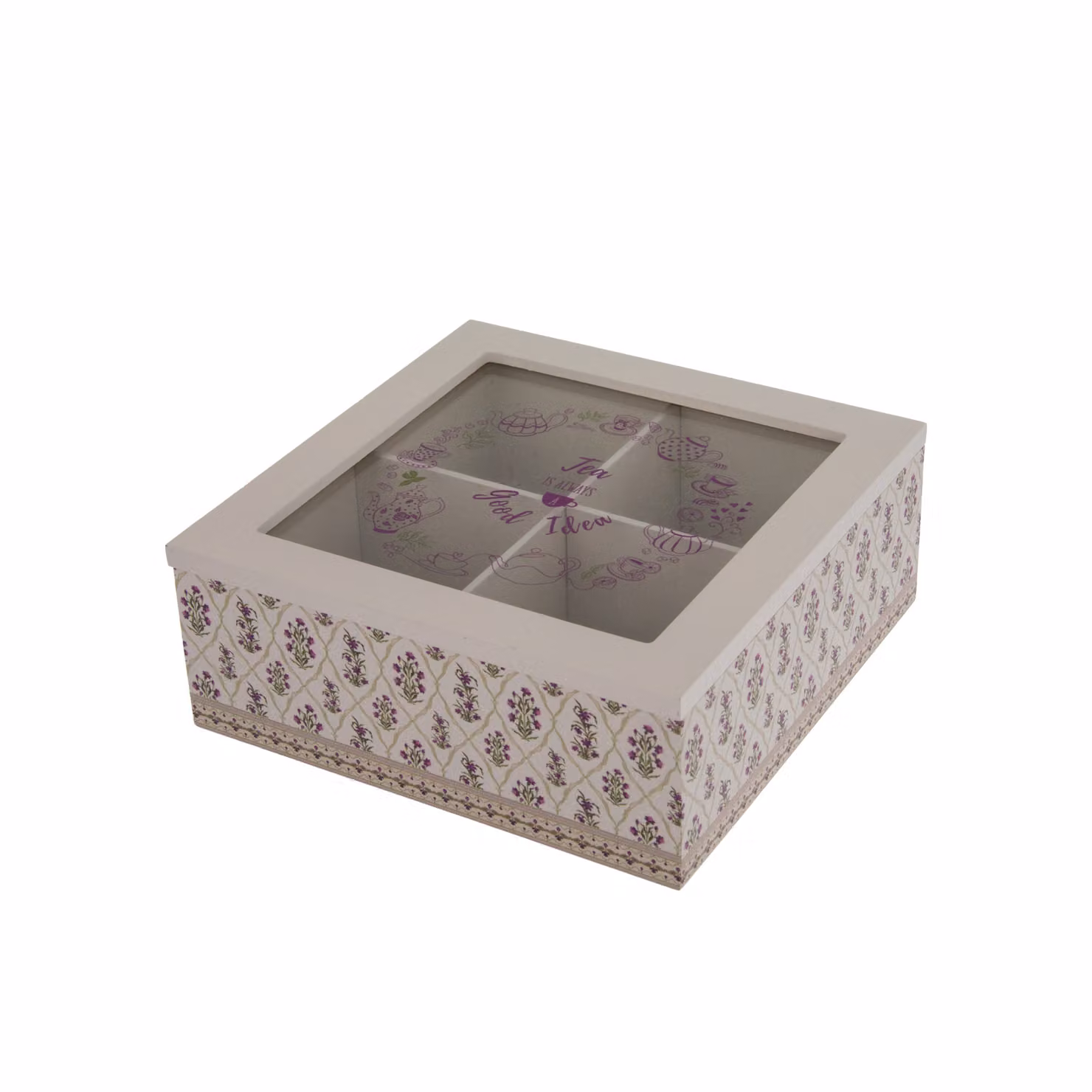 Scatola per tè con 4 scomparti in legno con decorazione floreale grigio lilla e bianco L: 18 cm, P: 18 cm, H: 7 cm – 2