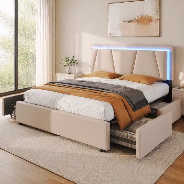 Letto matrimoniale 140x200 cm con LED; testiera regolabile e 4 cassetti; beige; con materasso