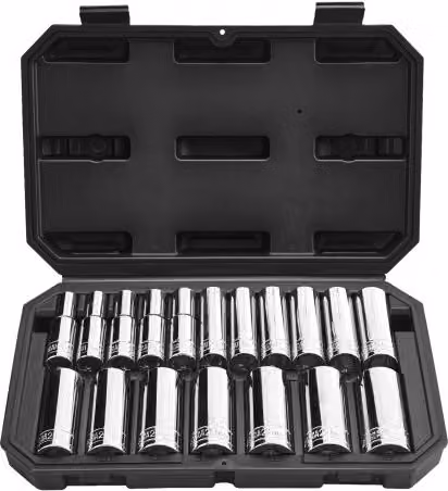 Set di 18 bussole VEVOR in acciaio cromo vanadio argento con custodia, misure metriche da 10 a 27 mm, attacco da 1/2 pollici, per riparazioni automobilistiche