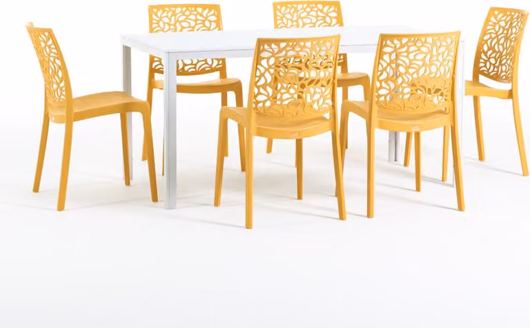 Set da pranzo per esterni con tavolo rettangolare 156x78 cm e 6 sedie impilabili in resina rinforzata con fibra di vetro - design moderno in look legno, ideale per giardino, terrazza e aree esterne coperte - THOMAS+ANNA - giallo senape/bianco