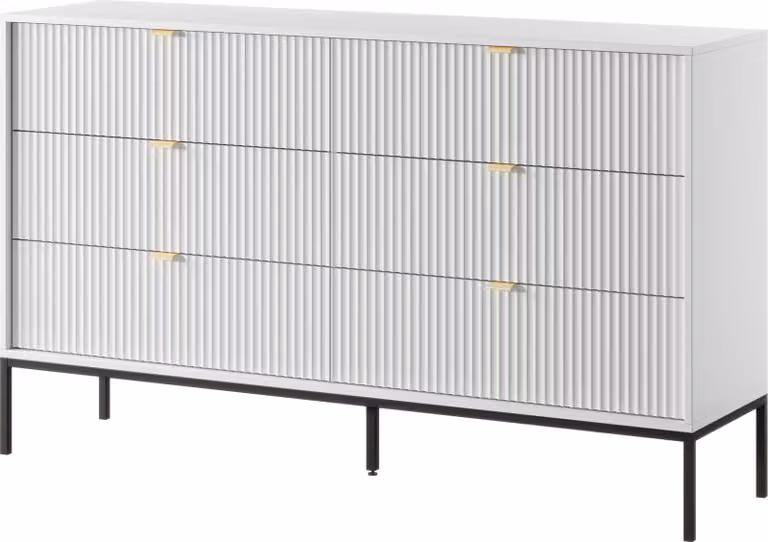 Cassettiera: 6 cassetti, bianca, gambe nere, 154 x 39 x 83 cm