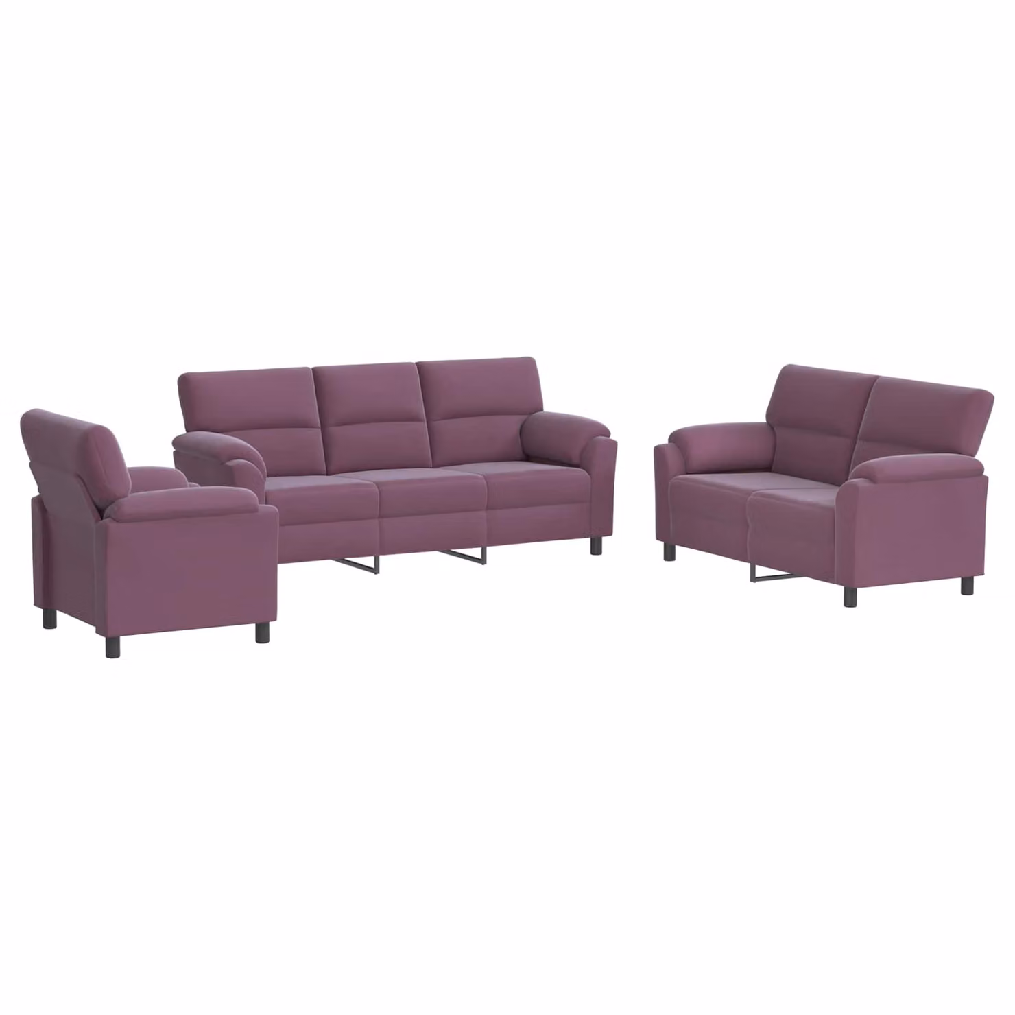 Set di divani 3 pezzi vidaXL in velluto viola con struttura in metallo e cuscini inclusi