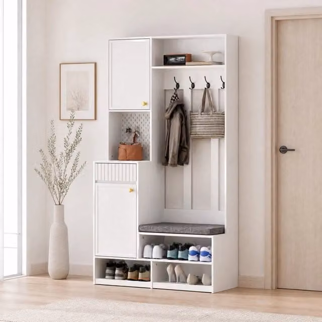 Guardaroba da ingresso REDOM con panca imbottita e ganci, bianco, L: 100 cm, P: 35 cm, H: 180 cm