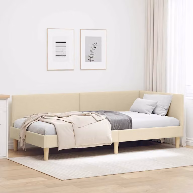 Cornice del letto ad angolo vidaXL in tessuto beige con struttura in legno e doghe rigide, L/P/H: 190 x 90 x 72 cm