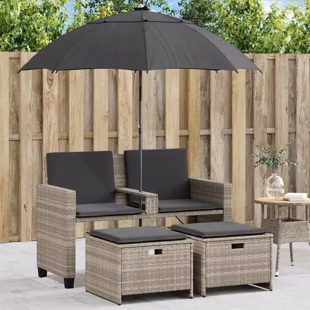 Set da giardino moderno vidaXL con divano a 2 posti, sgabello coordinato e ombrellone in rattan e metallo, colore grigio e nero